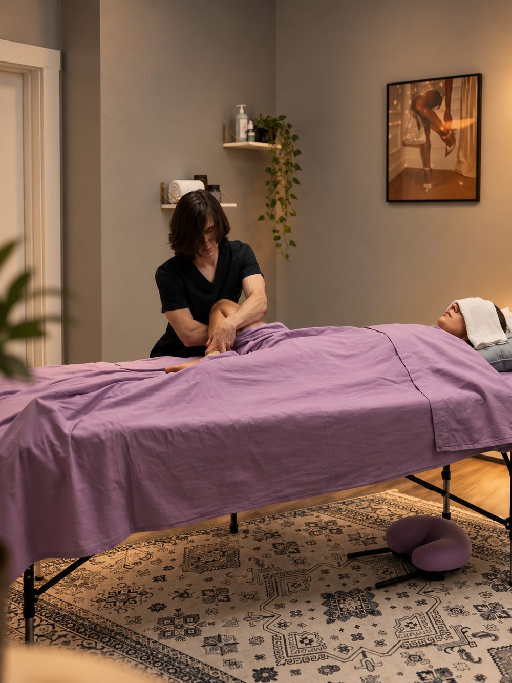 Denis working on a client's leg during a massage session