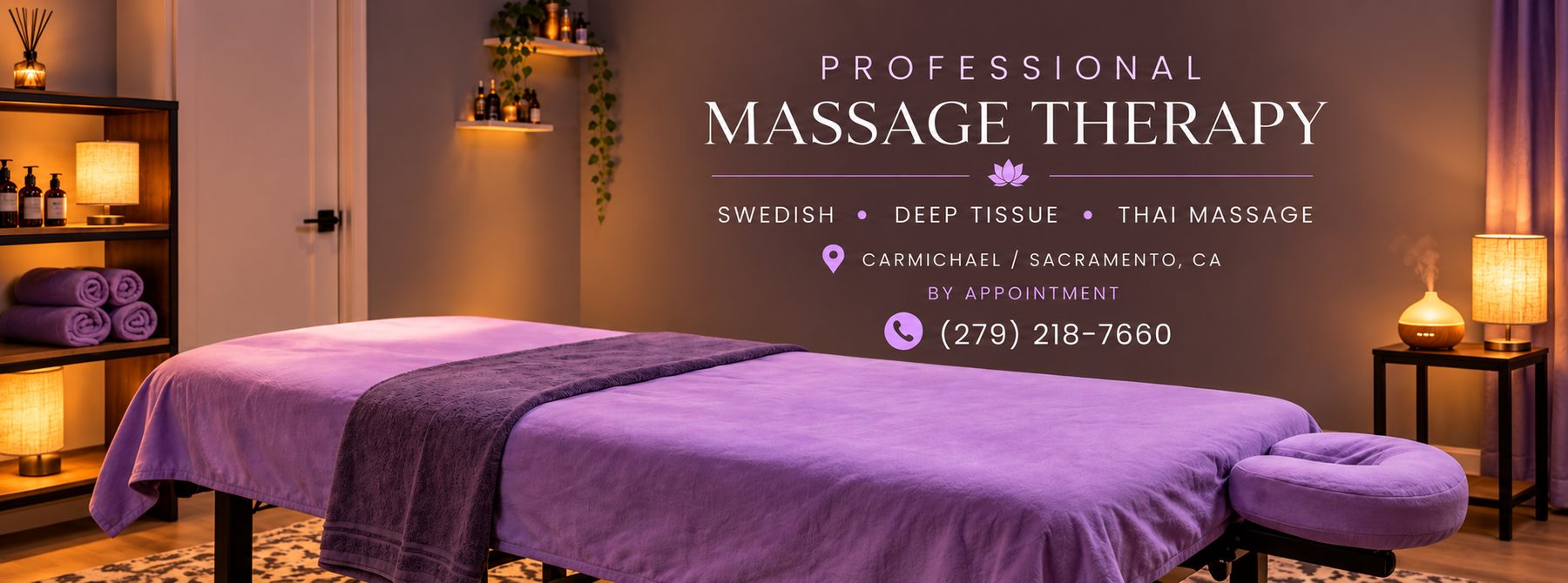 The treatment room with a lavender massage table, candles and plants
